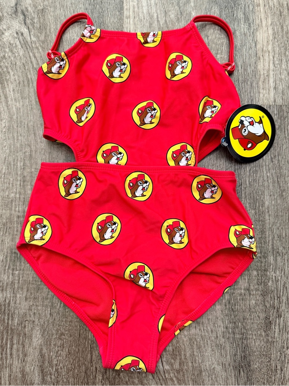 NWT Buc-ees Girls One Piece Swimsuit All Over Logo Size S Youth YS Sticker